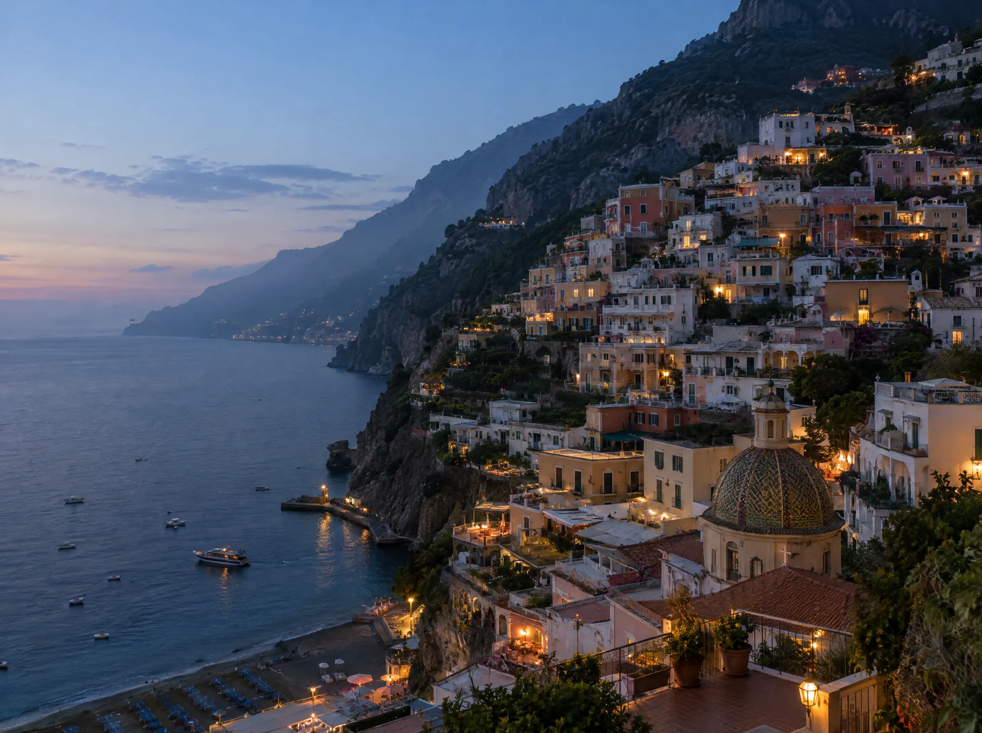 A cliffside coastal village glowing above the sea at dusk