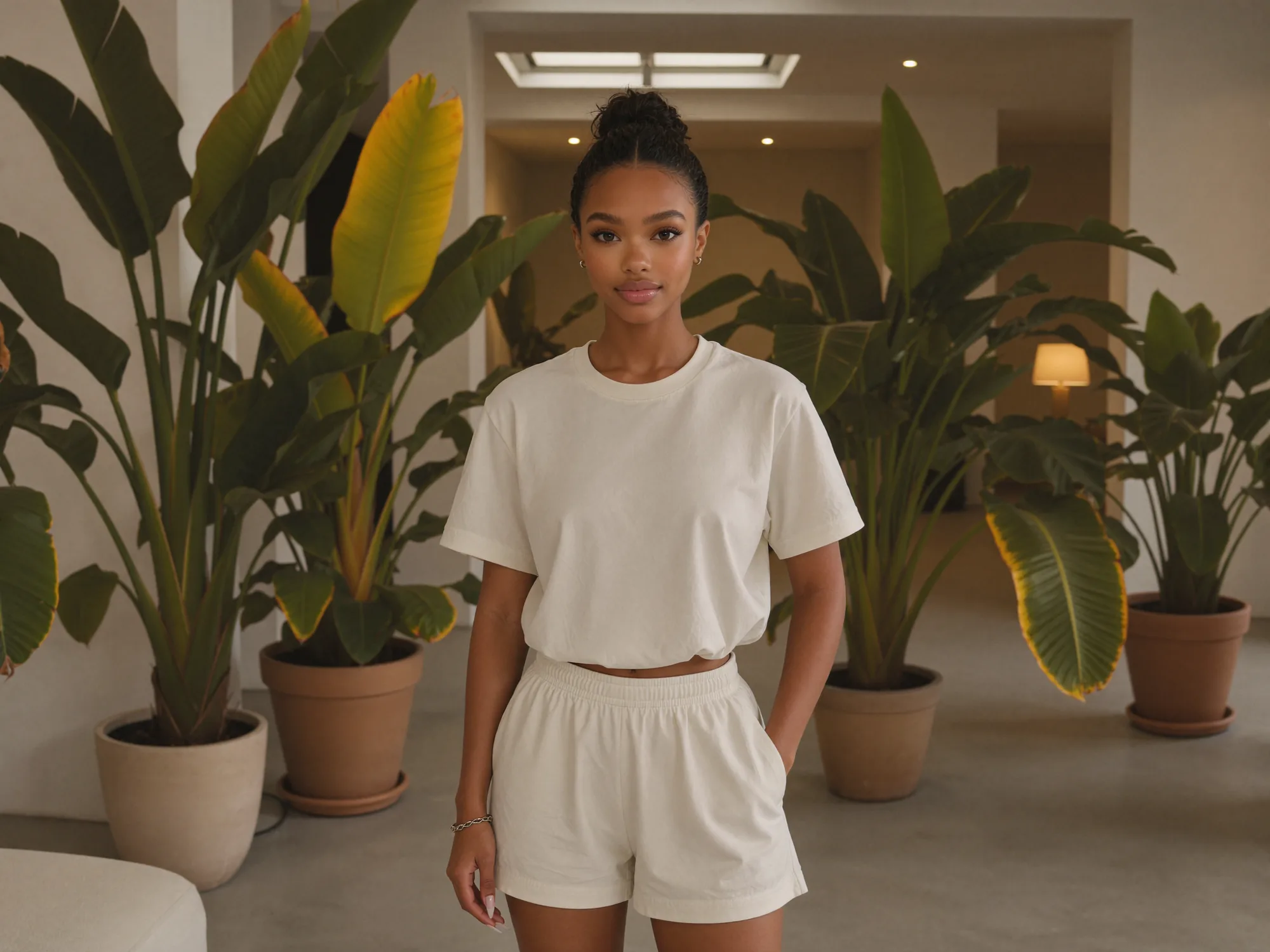 A woman in cream loungewear among tall potted plants in a bright interior