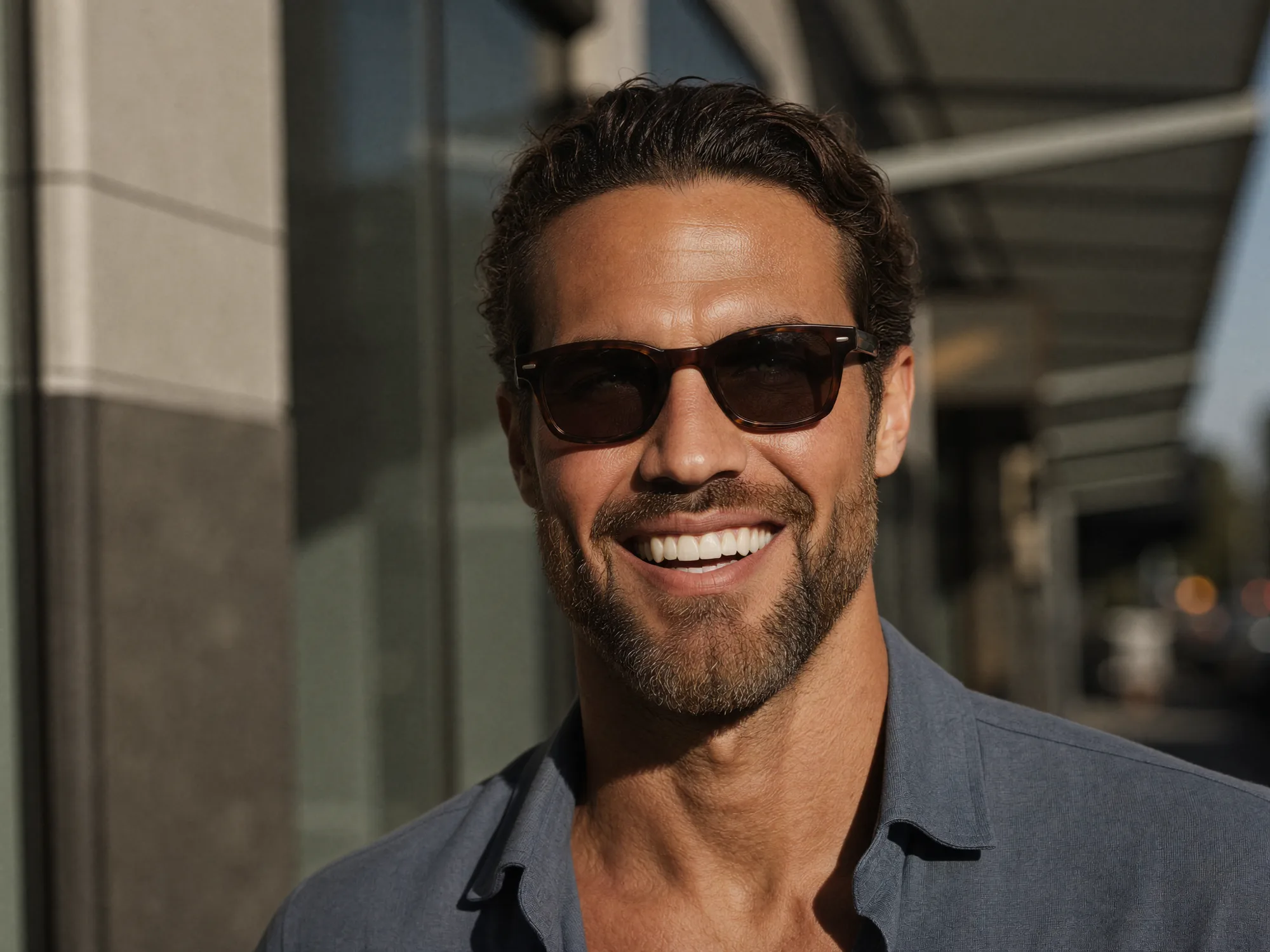 A smiling man in sunglasses and a gray shirt in daylight