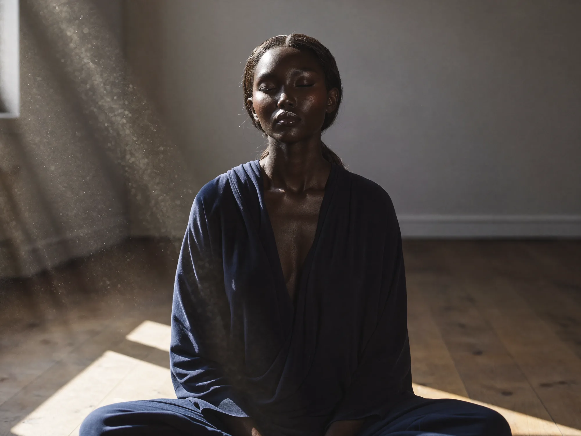 A figure seated on the floor of a quiet room in soft window light