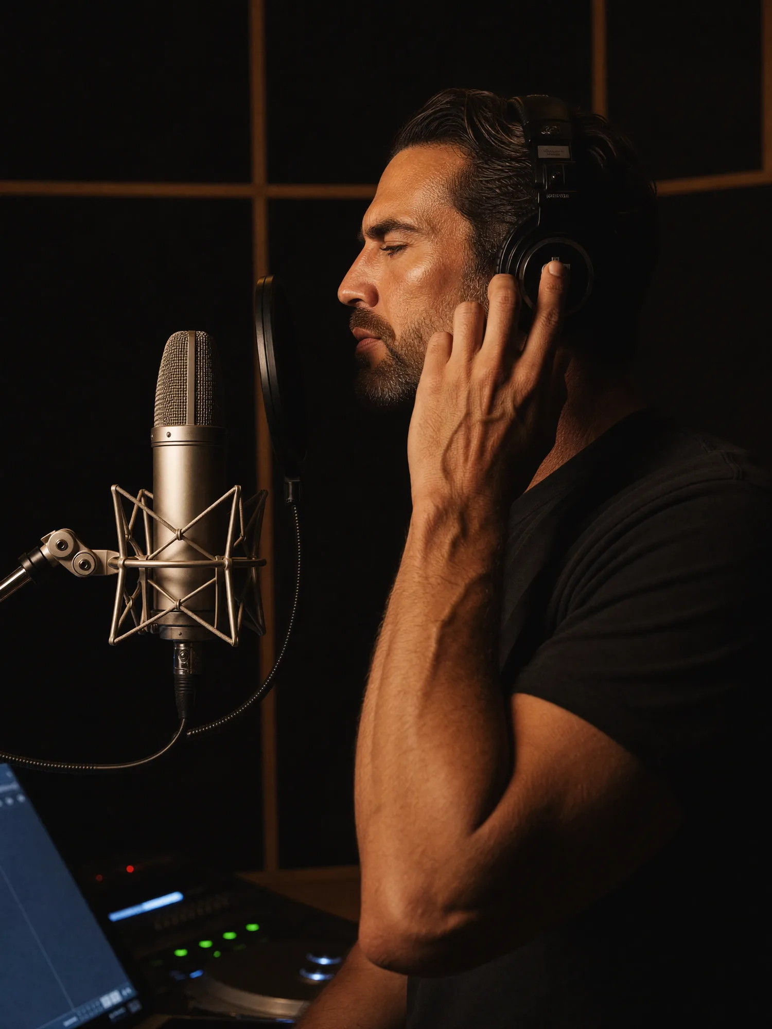 A singer at a microphone on a dim stage washed in warm light