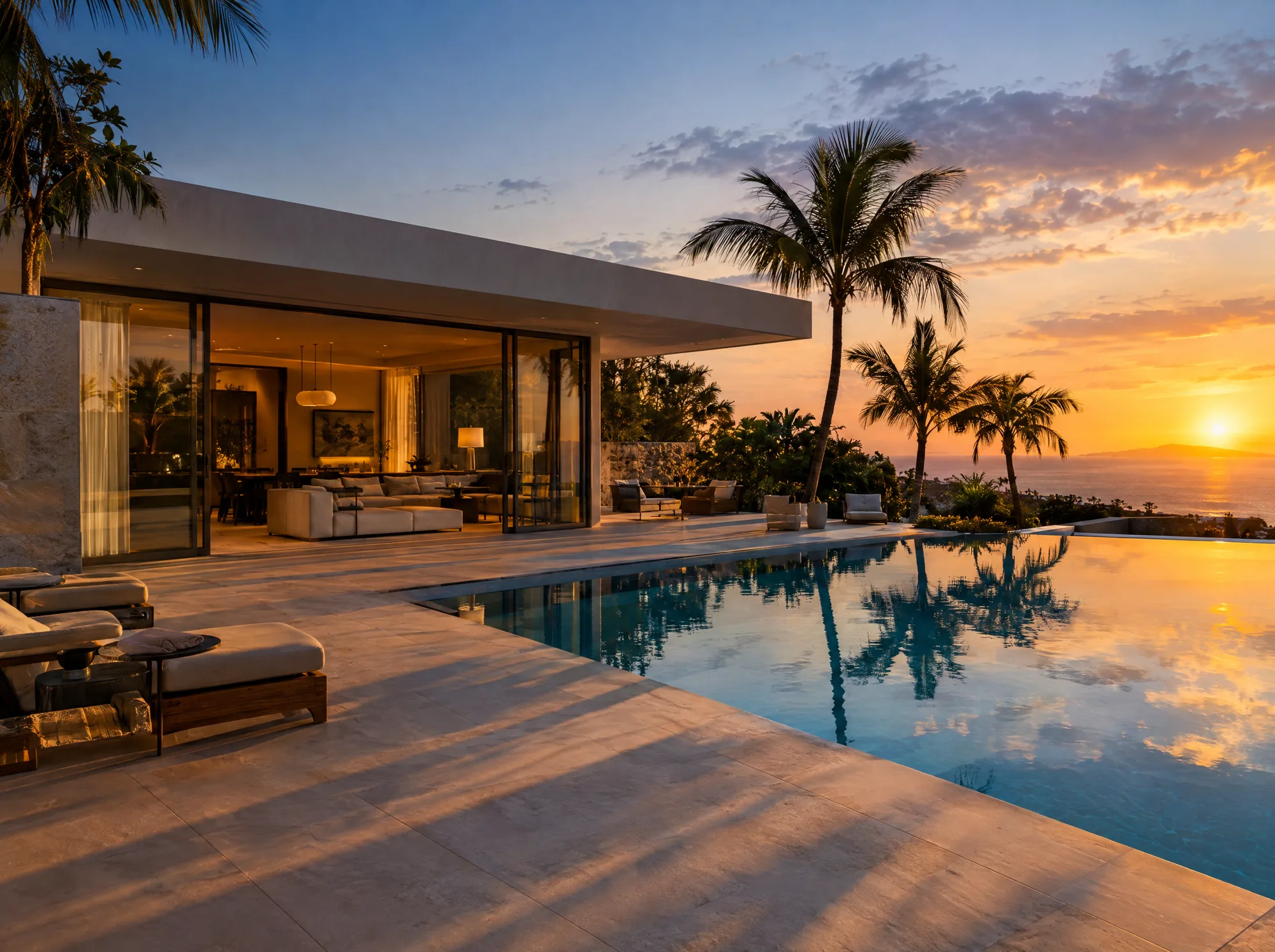 An infinity pool beside a modern villa at sunset, framed by palms
