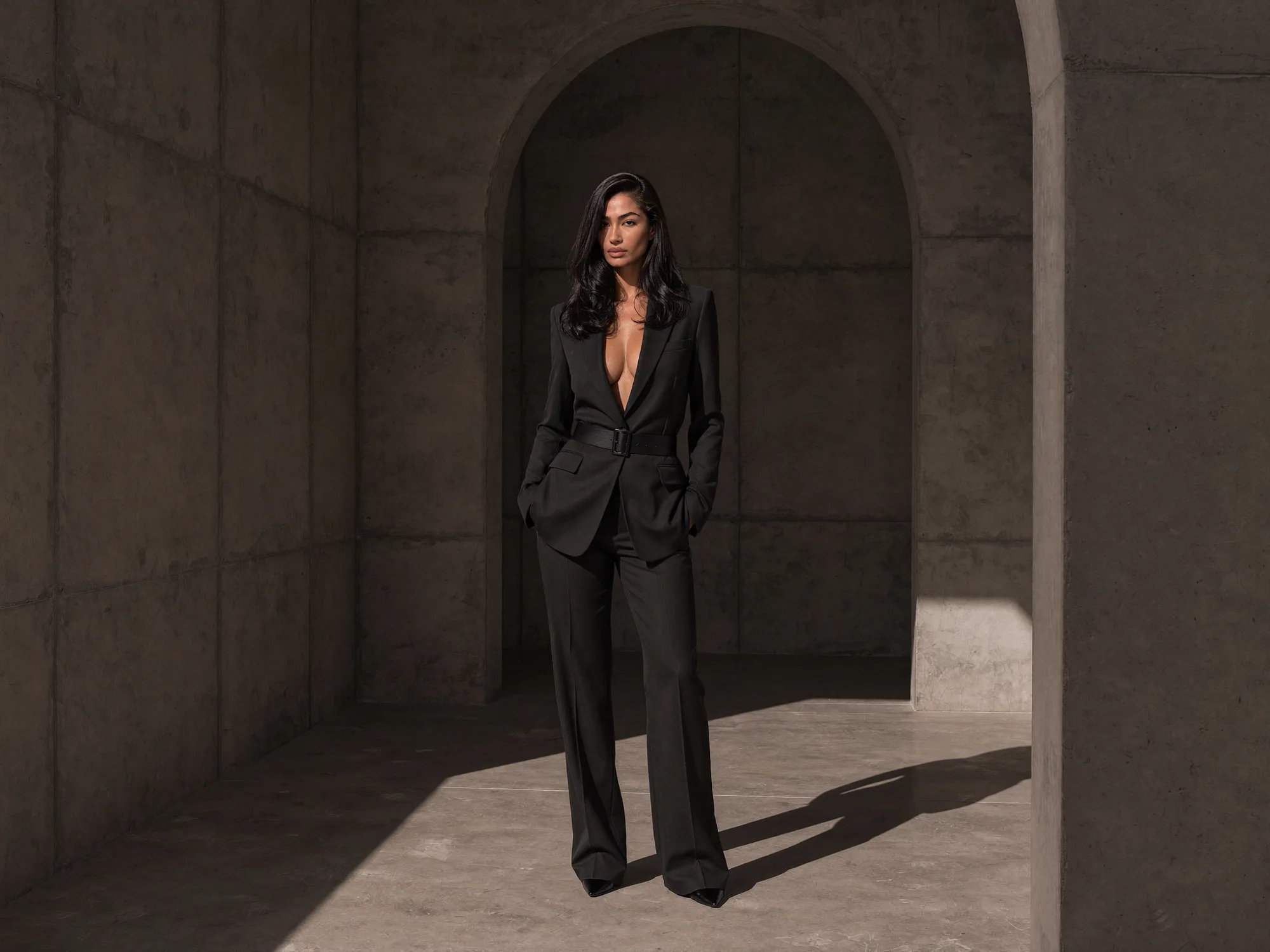 A woman in a black suit standing in a concrete archway