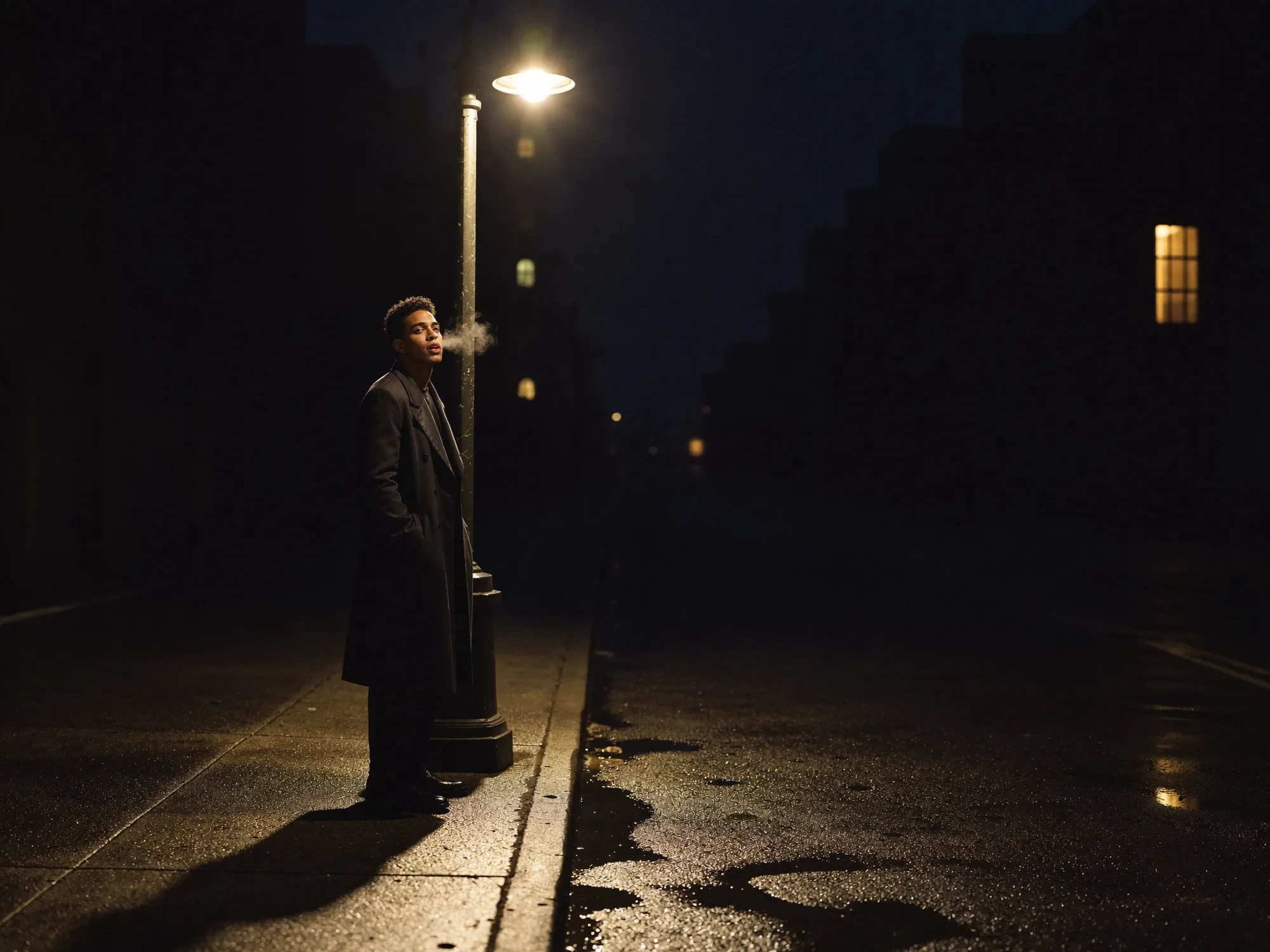 A lone figure in a cinematic night street scene lit by headlights
